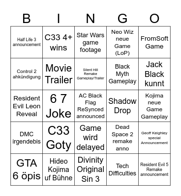 Game Awards Bingo Card
