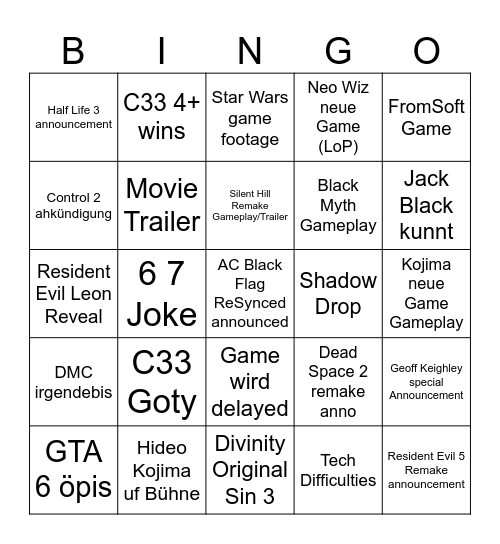 Game Awards Bingo Card