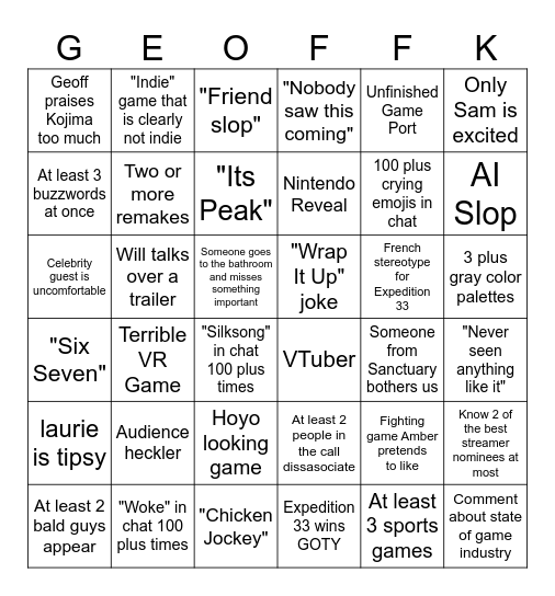 The Game Awards 2025 Bingo Card