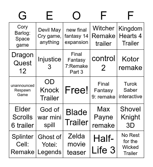 JC Game awards bingo Card