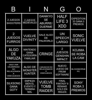 Game Awards 2025 Bingo Card