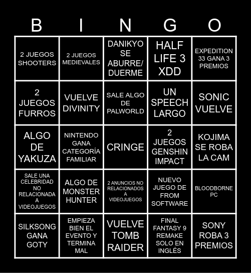 Game Awards 2025 Bingo Card