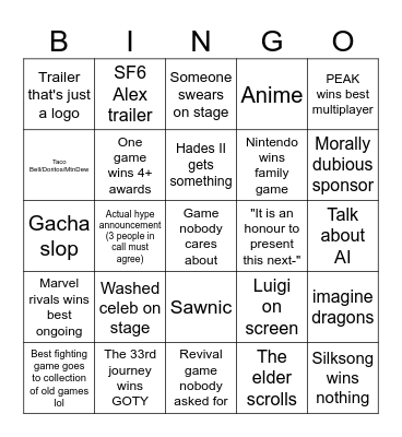 The gamer awards 2k25 Bingo Card