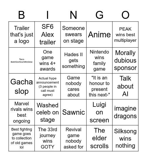 The gamer awards 2k25 Bingo Card