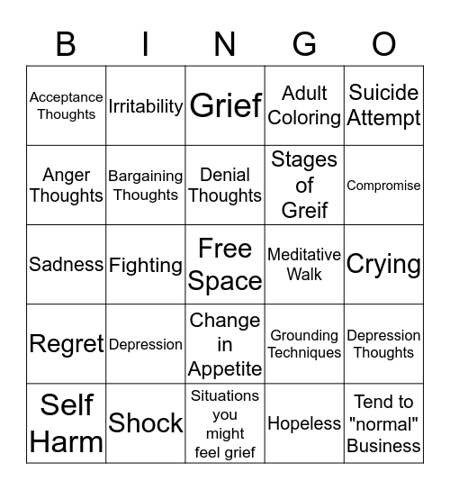 Grief Bingo Card