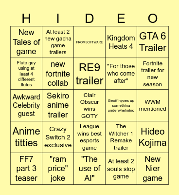 The Game Awards 2025 Bingo Card