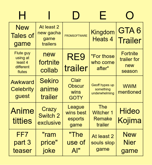 The Game Awards 2025 Bingo Card