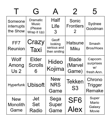 TGA 2025 Bingo Card