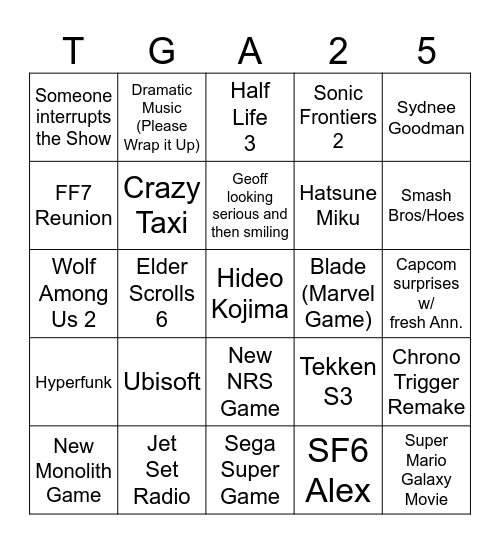 TGA 2025 Bingo Card