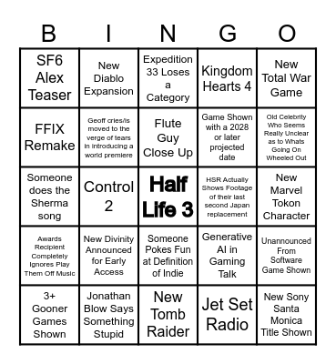 TGA Bingo Card