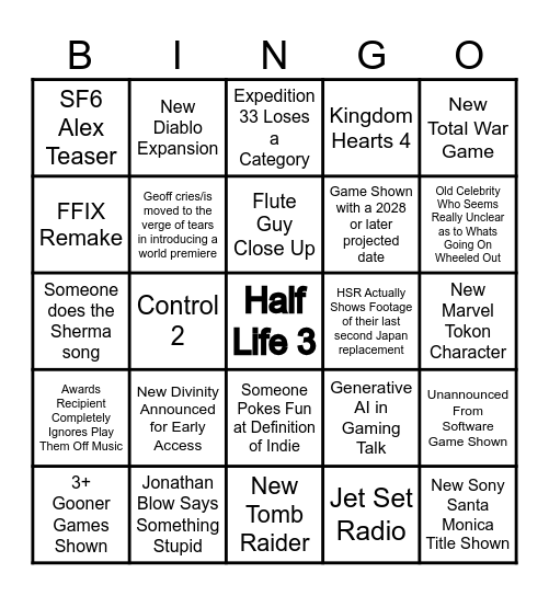 TGA Bingo Card
