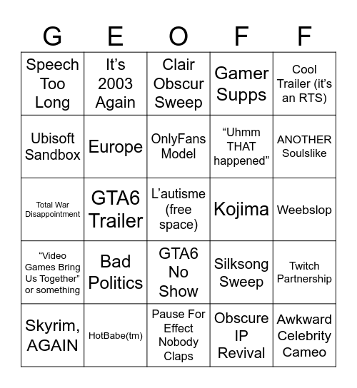 Game Awards 2025 Bingo Card