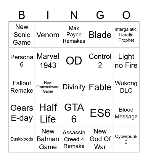 Game Awards 2025 Bingo Card