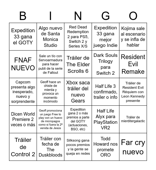 The Game Awards 2025 Bingo Card
