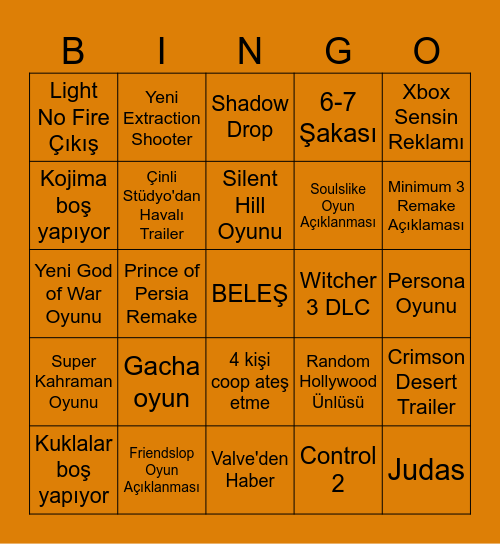 The Game Awards Bingo Card