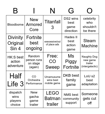 Game Awards Bingo Card