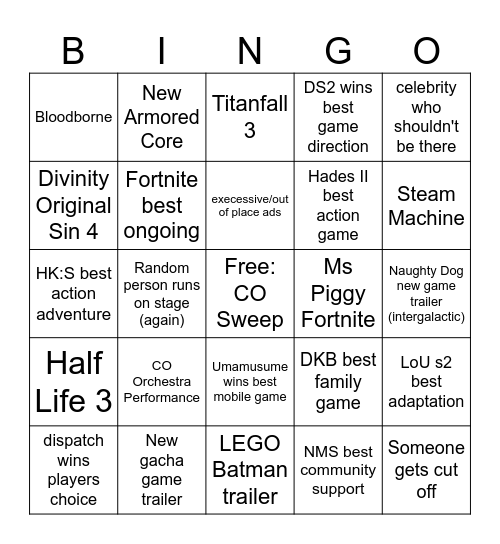 Game Awards Bingo Card