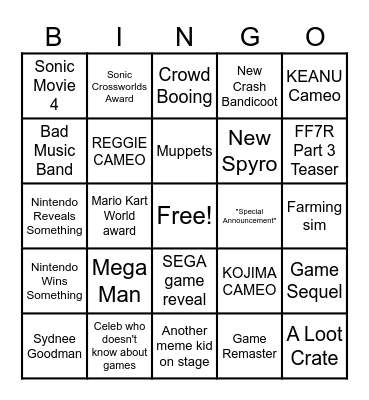 Game Awards 2025 Bingo Card