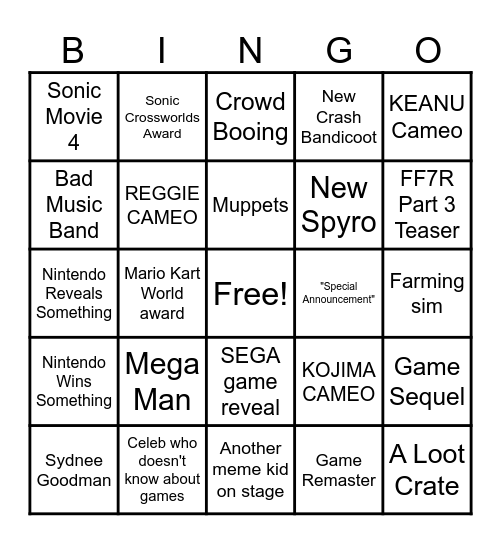 Game Awards 2025 Bingo Card