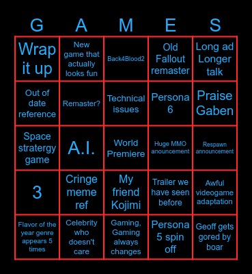 The Gayme Awards Bingo Card