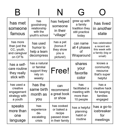 Meet, Greet, & Bingo Card