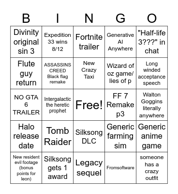 Game awards Bingo Card
