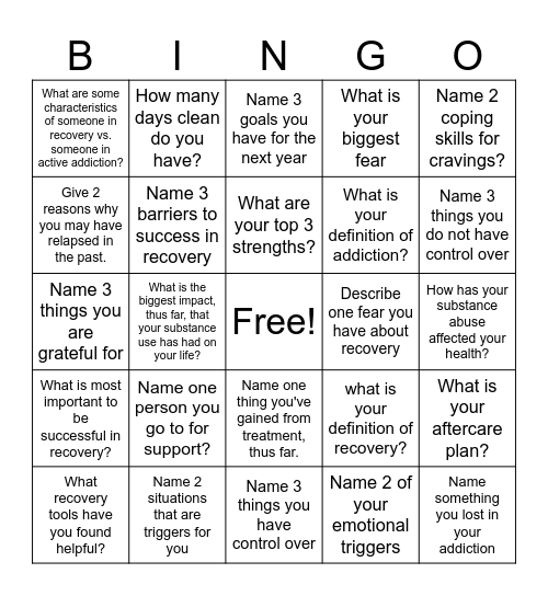 Recovery Bingo Card