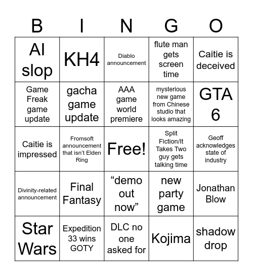 TGA 205 Bingo Card