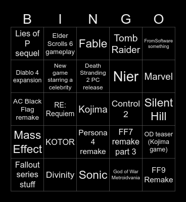 Game Awards 2025 Bingo Card
