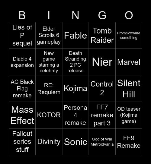 Game Awards 2025 Bingo Card