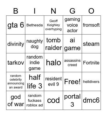 game awards bingo Card