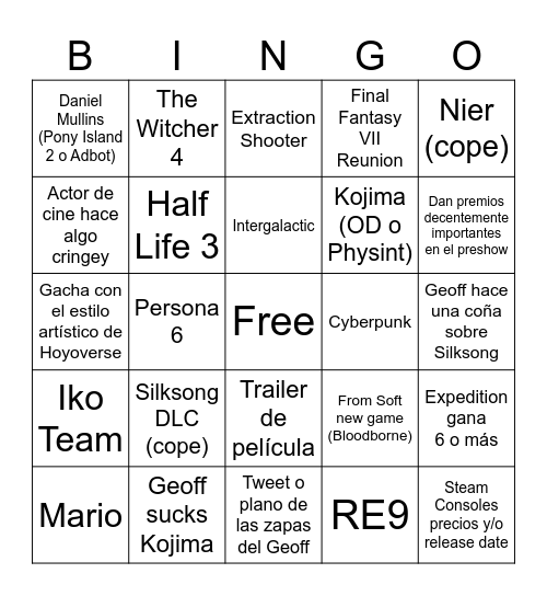 Game Awards 2025 Bingo Card