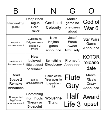 The Game Awards BINGO Card