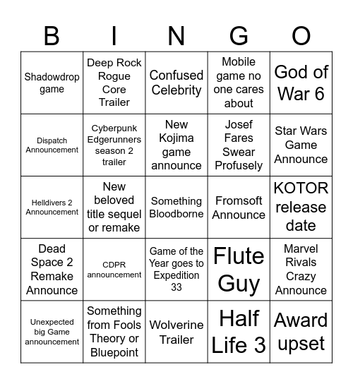 The Game Awards BINGO Card