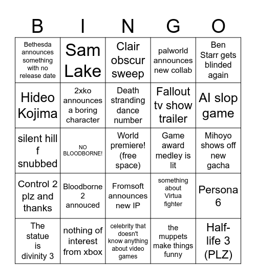Game awards Bingo Card