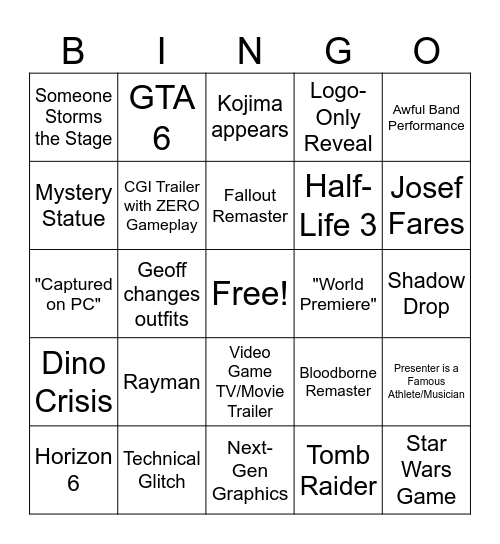 Game awards Bingo Card