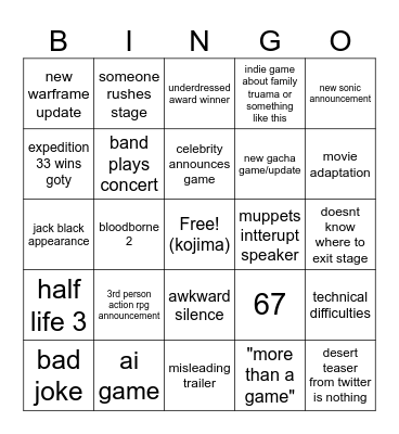game awards bingo Card