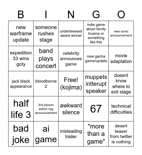 game awards bingo Card