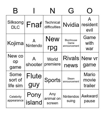 Game Awards Bingo Card