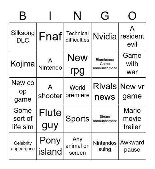 Game Awards Bingo Card