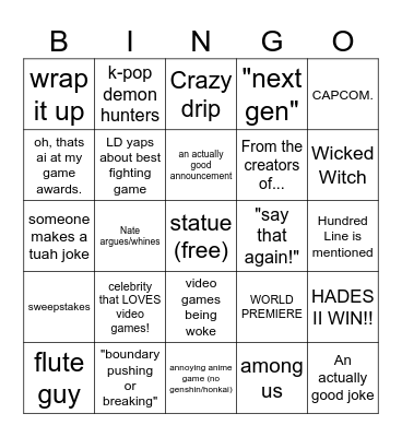 Game Awards 2025 Bingo Card