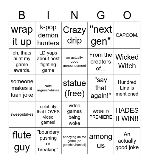 Game Awards 2025 Bingo Card