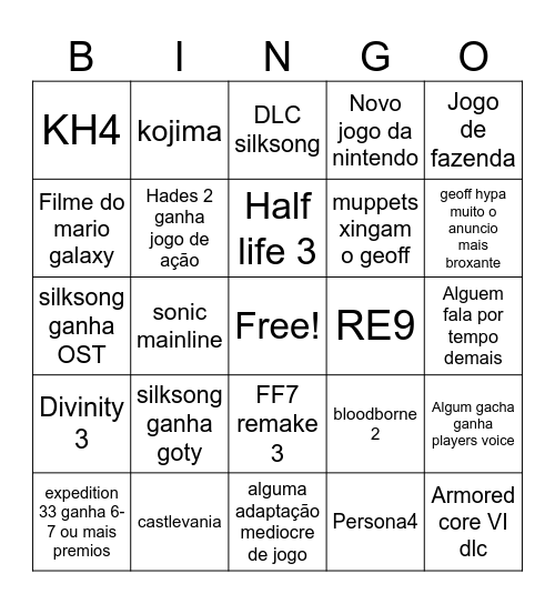 TGA bingo Card