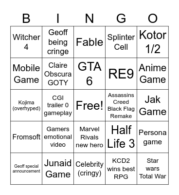 Game Awards 2025 BINGO Card