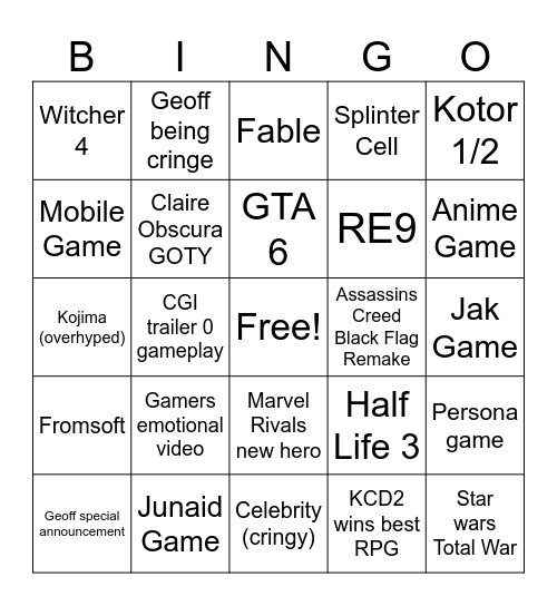 Game Awards 2025 BINGO Card