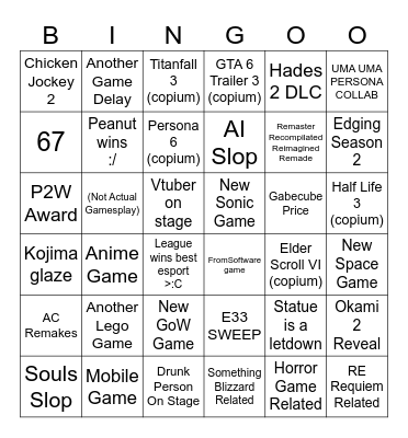 Game Awards 2025 Bingo Card
