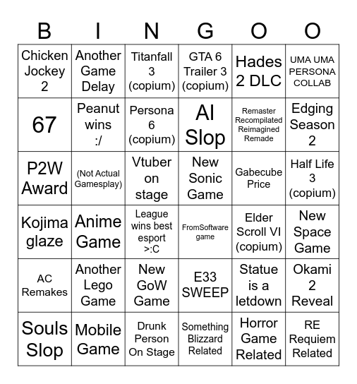 Game Awards 2025 Bingo Card