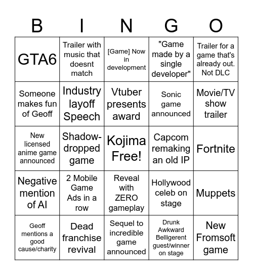 Game Awards 2025! Bingo Card
