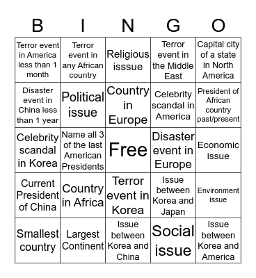 World Issues Bingo Card