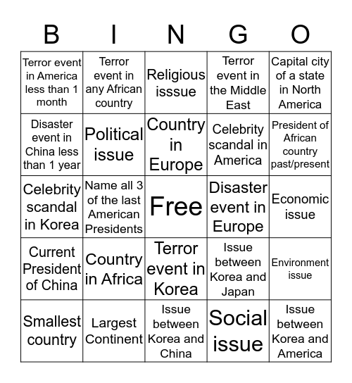 World Issues Bingo Card